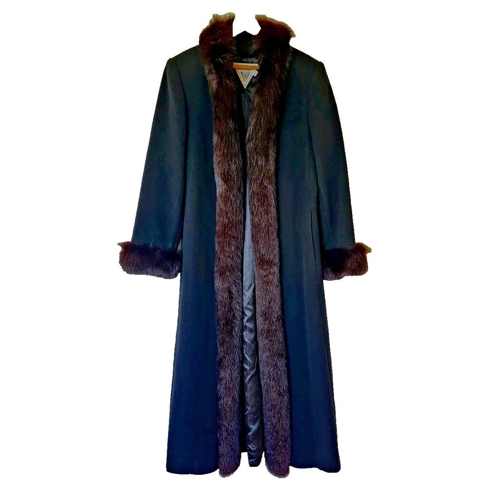Marvin Richards 100% Lamb Wool Long Black Overcoat Fur Collar Womens Size 10